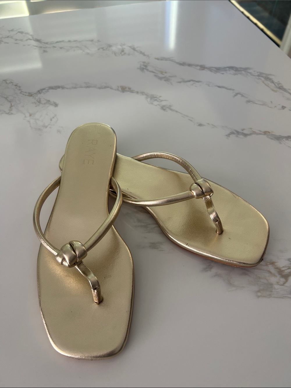 RAYE Metallic Rose Gold Knotted Thong Sandals